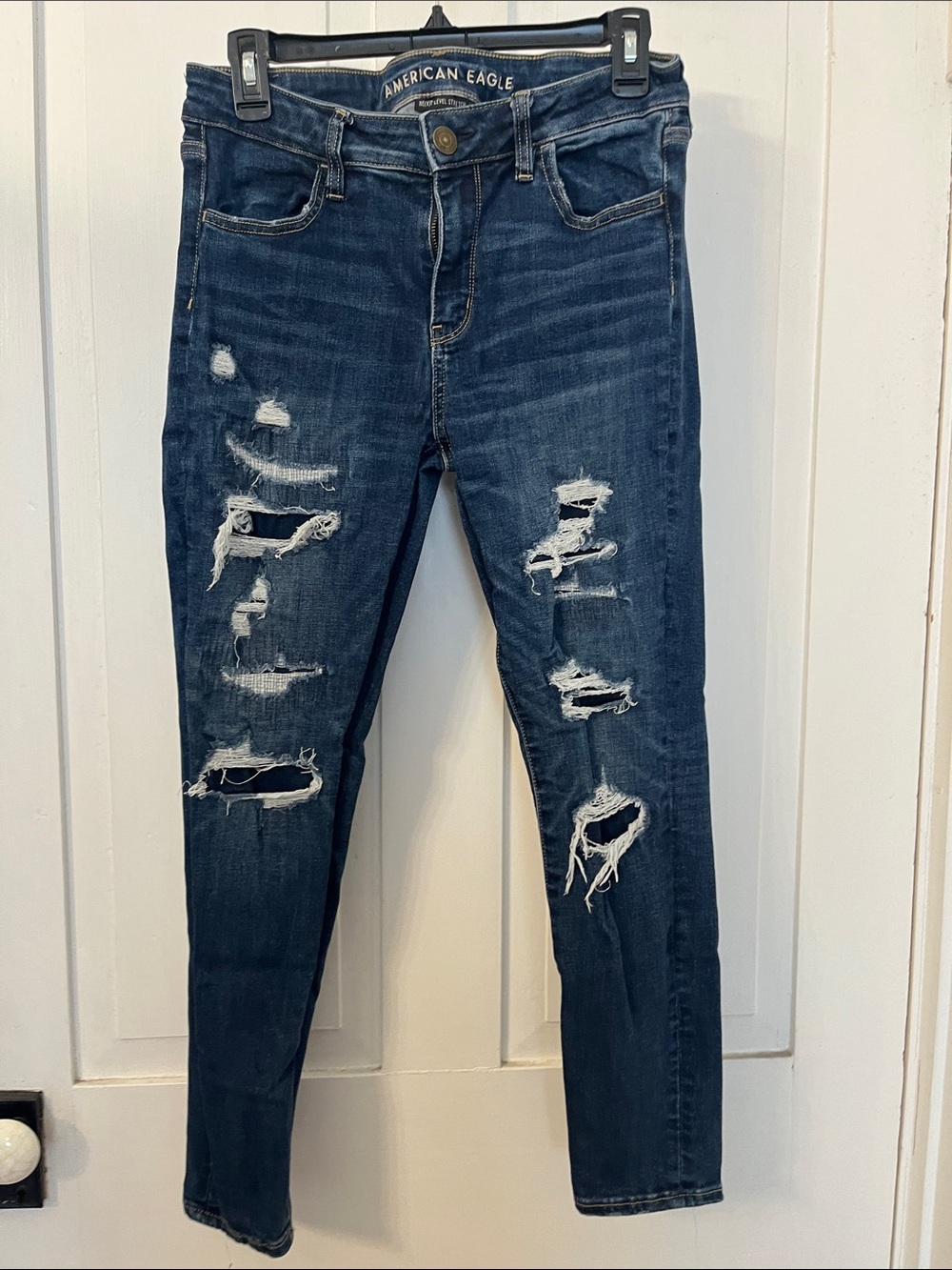 American Eagle Outfitters Distressed Dark Blue Skinny Jeans - Women's